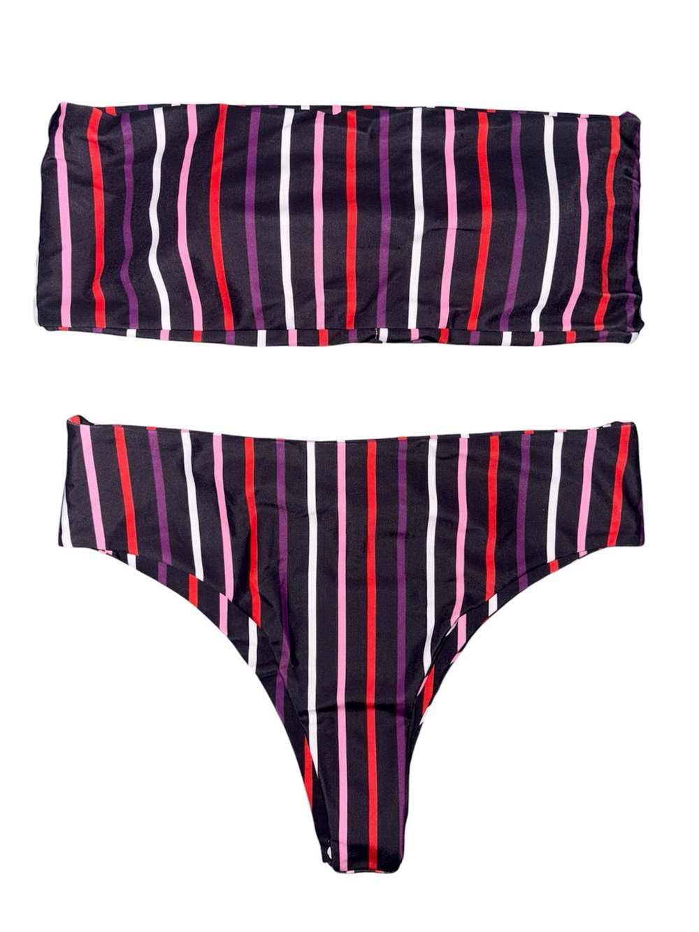 Striped Bandeau Bikini Set in Black, Pink, Purple & Red